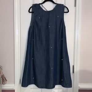 Blue Rain chambray lightweight sleeveless Blue Dress with Pearls details